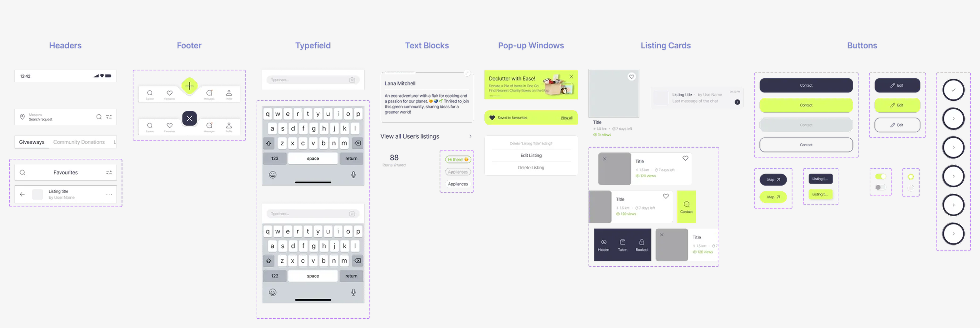 Design system components showing UI elements and patterns
