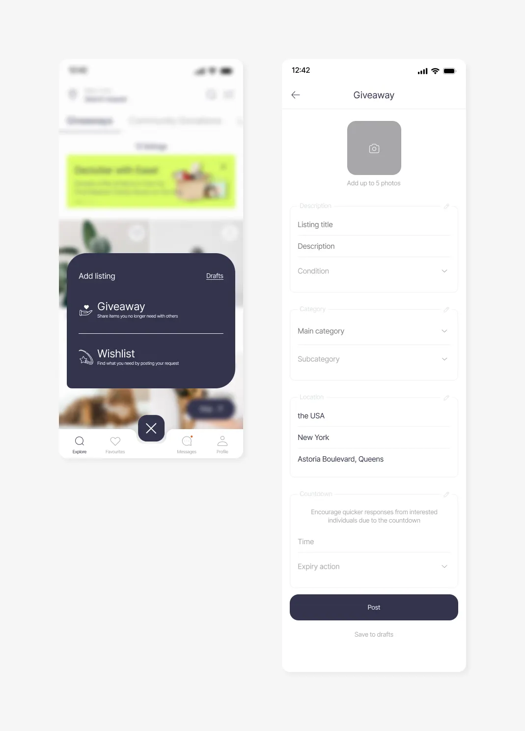 Creating listing prototype showing animated add button and drafts feature