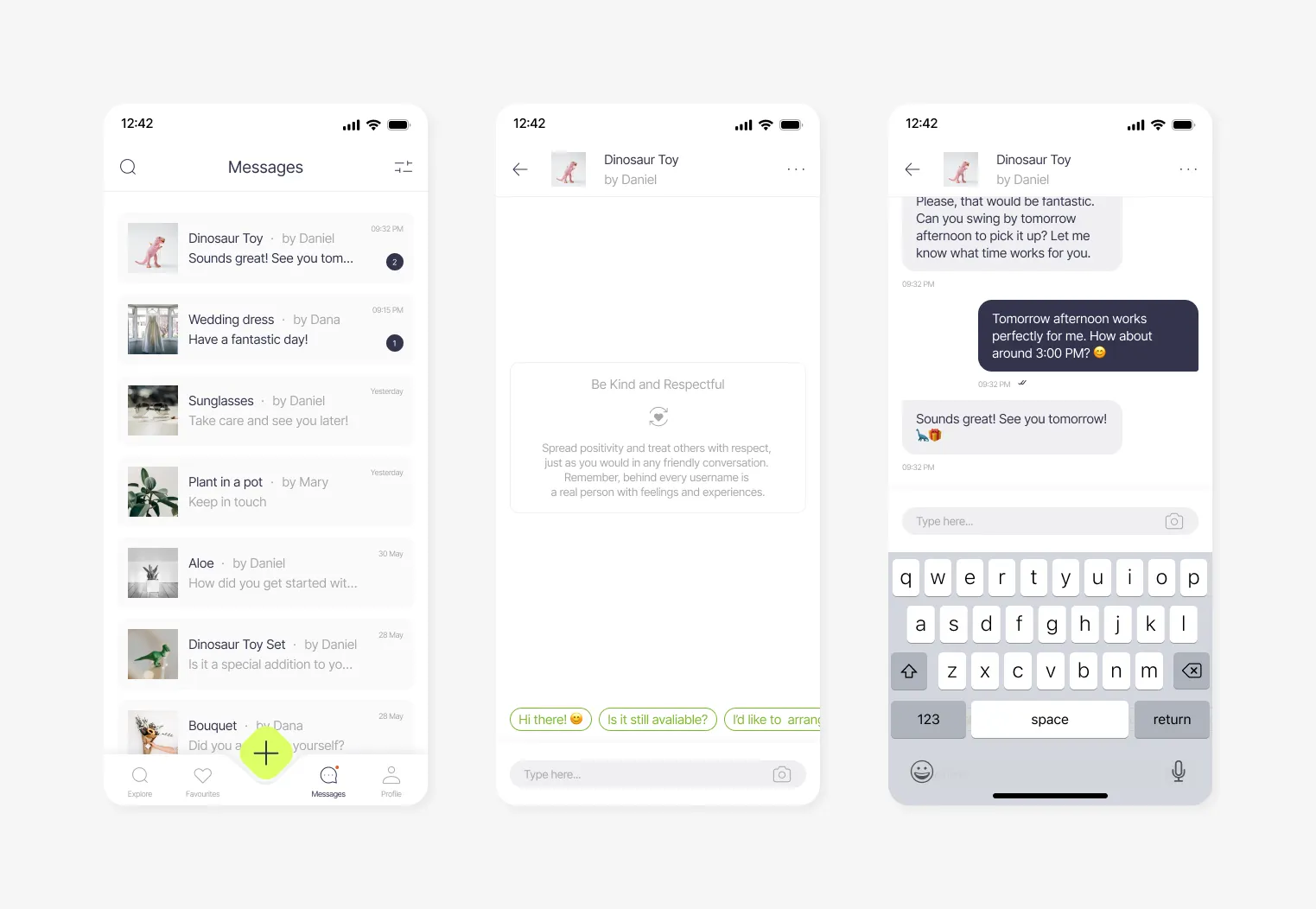 Messages prototype showing community policy, review features, and prewritten messages