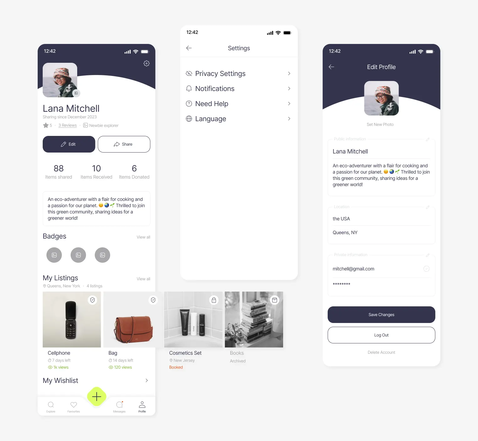 Your profile prototype showing wishlist section and share button