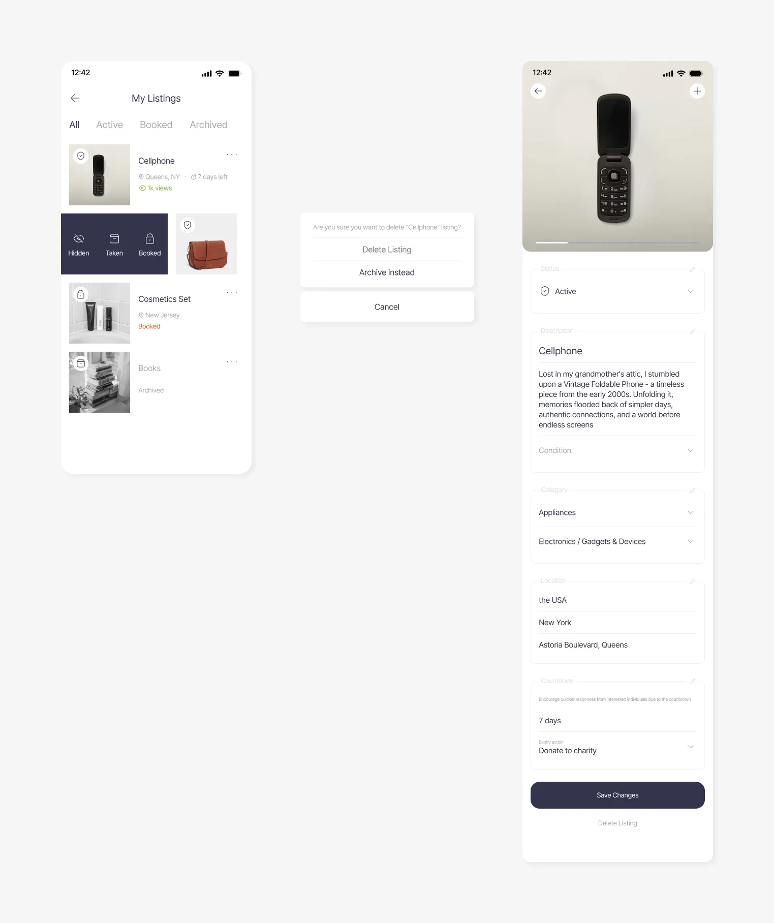 Your listings prototype showing status changes, AI recognition, and condition input